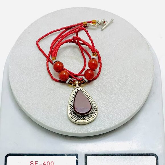 Red Beaded Pendant Necklace, Ethnic Unique Necklace, Beaded Chain Handmade - Picture 7 of 8